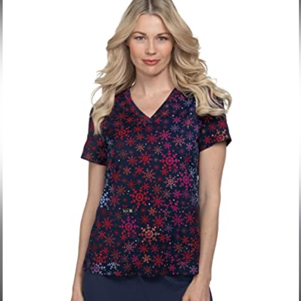 KOI Women's Leslie Scrub Top - Snowflake Print